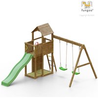 Spielturm Boomer3 teak mit Rutsche, Doppelschaukel, Leiter, Griffe, Kletterwand und Holzdach - Fungoo von FUNGOO