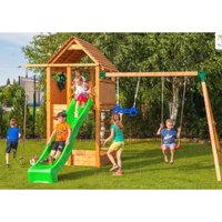 Kibungi - Fungoo Spielturm 'Fortress Move+', teak, mit Rutsche, Kletterwand, Leiter, Holzdach und Doppelschaukel von KIBUNGI