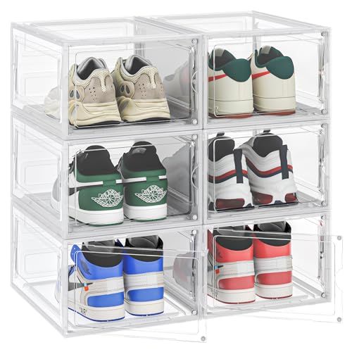 FUNLAX Schuhboxen Stapelbar Transparent, 6er Pack Schuhkarton mit Deckel, Schuhaufbewahrung Platzsparend, für Flur, Wohnzimmer, Schlafzimmer, bis Größe 46 von FUNLAX