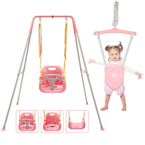 FUNLIO 2-in-1 Schaukeln Set und Baby Türhopser für Kleinkinder, Schaukelset für Kinder mit 4 Sandsäcken, Faltbarer Metallständer für drinnen und draußen, einfach zu montieren und aufzubewahren - Rosa von FUNLIO