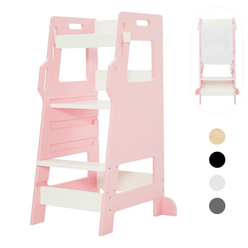 FUNLIO Kleinkinder Turm mit Sicherheitsnetz, Kinder-Küchenhocker, 3-Stufig Höhenverstellbarer Kinderhocker, Montessori-Kinderturm, Einfach Zusammenzubauen, CPC Genehmigt - Rosa von FUNLIO