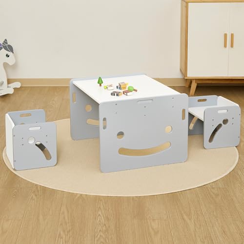 FUNLIO Montessori Höhenverstellbares kindertisch mit 2 stühlen für 1-3 Jährige, hochwertiger Massivholz Kinder Tisch Stuhl Set, zum Lesen/Essen/Spielen, einfach aufzubauen – Grau von FUNLIO