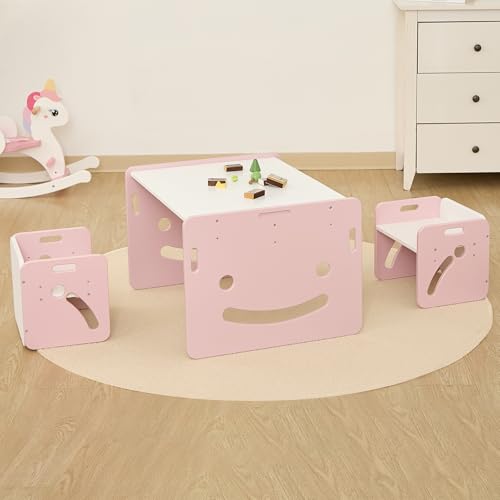 FUNLIO Montessori Höhenverstellbares kindertisch mit 2 stühlen für 1-3 Jährige, hochwertiger Massivholz Kinder Tisch Stuhl Set, zum Lesen/Essen/Spielen, einfach aufzubauen – Rosa von FUNLIO