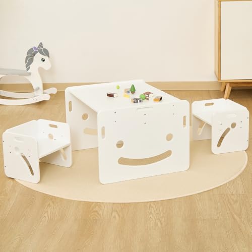 FUNLIO Montessori Höhenverstellbares kindertisch mit 2 stühlen für 1-3 Jährige, hochwertiger Massivholz Kinder Tisch Stuhl Set, zum Lesen/Essen/Spielen, einfach aufzubauen – Weiß von FUNLIO