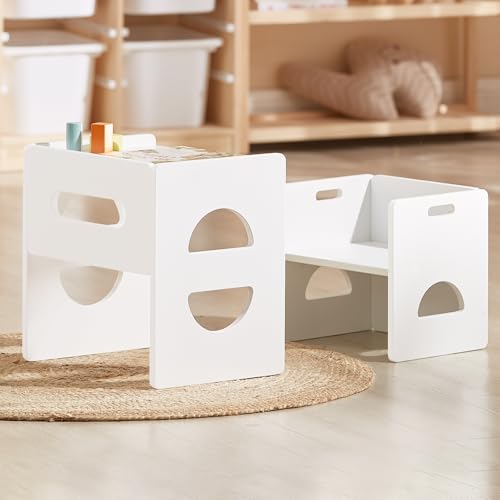 FUNLIO Höhenverstellbarer Montessori Tisch und Stuhl Set für Alter 1-3, Massivholz Kleinkind Tisch und Stuhl Set, Entwöhnung Baby Tisch Stuhl Set für Essen/Spielen/Lesen, einfach zu montieren – Weiß von FUNLIO
