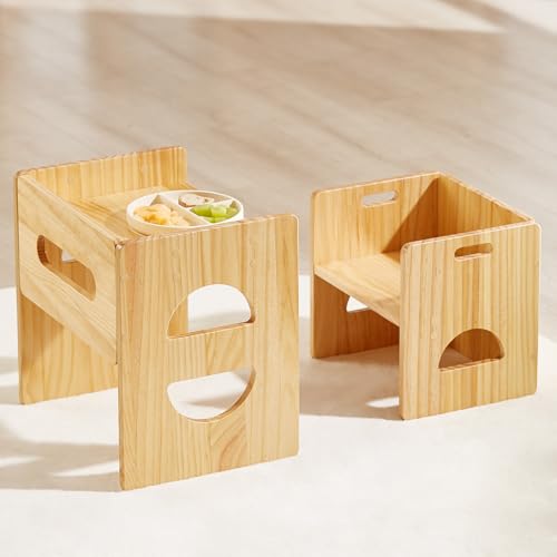 FUNLIO Höhenverstellbarer Montessori Tisch und Stuhl Set für Alter 1-3, Massivholz Kleinkind Tisch und Stuhl Set, Entwöhnung Baby Tisch Stuhl Set für Essen/Spielen/Lesen, einfach zu montieren - Natur von FUNLIO