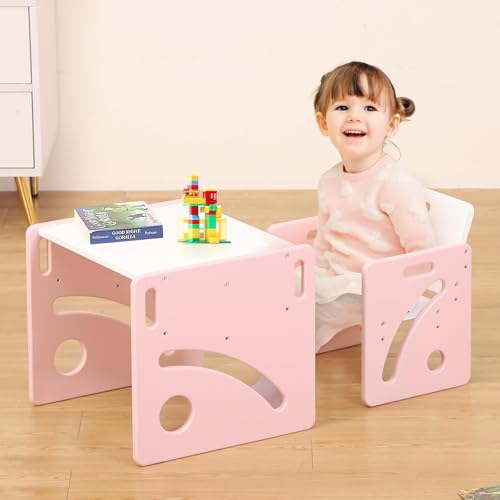 FUNLIO Montessori Beikosttisch und Stuhl-Set für Kleinkinder 1-3 Jahre, höhenverstellbar, Kinder-Tisch und Stuhl zum Lesen/Essen/Spielen, einfach aufzubauen - Rosa von FUNLIO