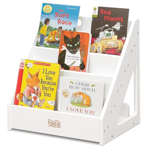 FUNLIO Montessori Bücherregal für Kleinkinder 1-5 Jahre, Nach Vor gerichtetes Bücherregal mit Griff & Kippsicherung, Premium Kiefernholz, bücherregal für Kindergarten/Schulzimmer, CPC-Zertifikat-Weiß von FUNLIO