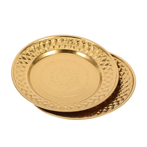 FUNNETOYU 2 STÜCK Edelstahl Servierplatten Rund Vintage Design mit Kunstvollem Muster Goldfarbiges Tablett für Dekorative Präsentation und Vielseitiges Servieren von FUNNETOYU