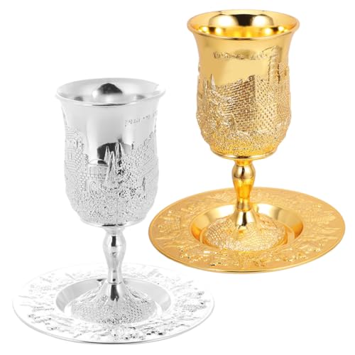 FUNNETOYU 2 Sätze Judaica Kiddush Goblet mit Tablett Hohe Metallbecher mit Fuß für Shabbat Havdalah Passover Fest Hochzeit und Jüdische Feiertage Langlebige Verzierte Weinkelche für von FUNNETOYU