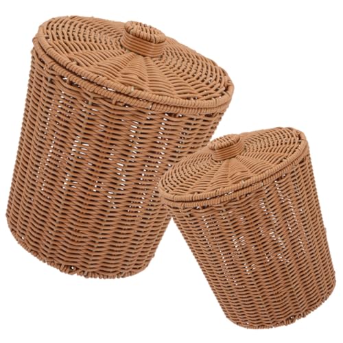 FUNNETOYU 2 Stück Aufbewahrungskorb mit Deckel Simulation Rattan Gewebter Aufbewahrungseimer Vielseitiger Haushaltskorb für Wohnzimmer Schlafzimmer Obst und Kleinteile Stilvoll und von FUNNETOYU