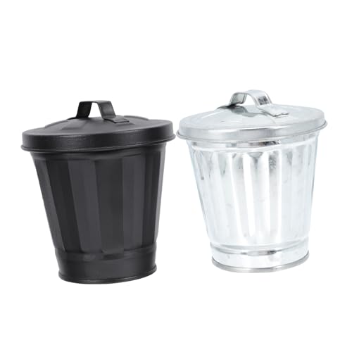 FUNNETOYU 2 Stück Mini Mülleimer aus verzinktem Metall mit Deckel Platzsparender Kleiner Papierkorb für Tisch Wohnzimmer Bad Küche in Schwarz und Silber Langlebig und Praktisch von FUNNETOYU
