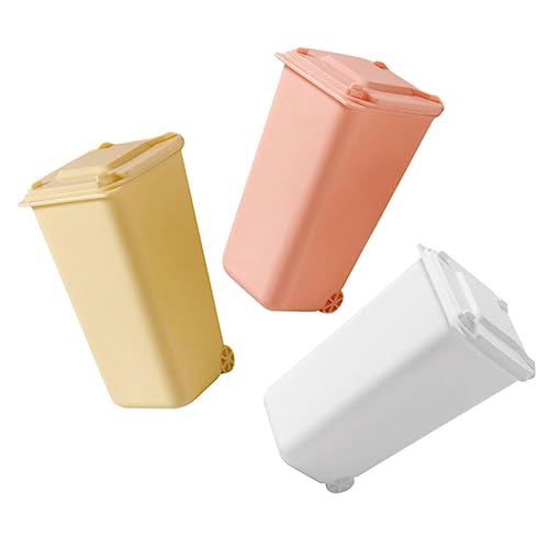 FUNNETOYU 3 Stück Mini Tischmülleimer mit Deckel Teiliges Weiß Rosa Gelb Kleiner Desktop Abfalleimer aus Robustem Material Platzsparend für Büro Schlafzimmer Küche und Bad Praktischer von FUNNETOYU