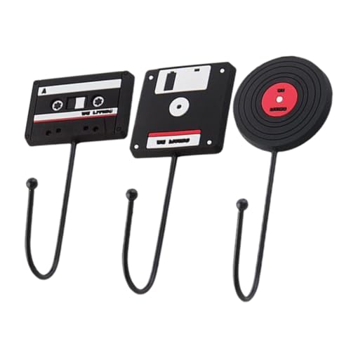 FUNNETOYU 3 Stück Selbstklebende Wandhaken Retro Design Vinyl Schallplatte Kassettenform Schwerlast Küchen und Badhaken für Schlüssel Handtücher Schmuck Vielseitig Verwendbar Schwarz von FUNNETOYU