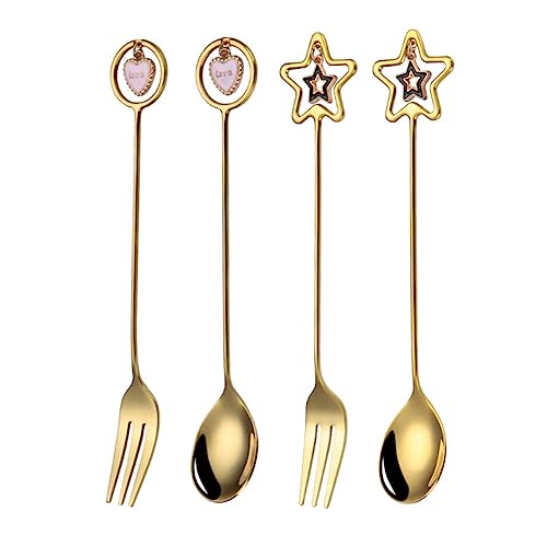 FUNNETOYU 4 Stück Kaffeerührlöffel Kuchengabeln Dessertlöffel Küchenlöffel Kaffeelöffel Haushaltsgeschirr Zuckerlöffel Haushaltsgeschirr Kaffeelöffel Dessertgabeln Goldener von FUNNETOYU