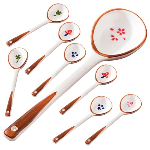 FUNNETOYU 8 Stück Keramik Löffel mit Langem Griff Teiliges Suppenlöffel Handbemalt Spülmaschinengeeignet für Suppe Reis Brei und Dessert im Haushalt von FUNNETOYU