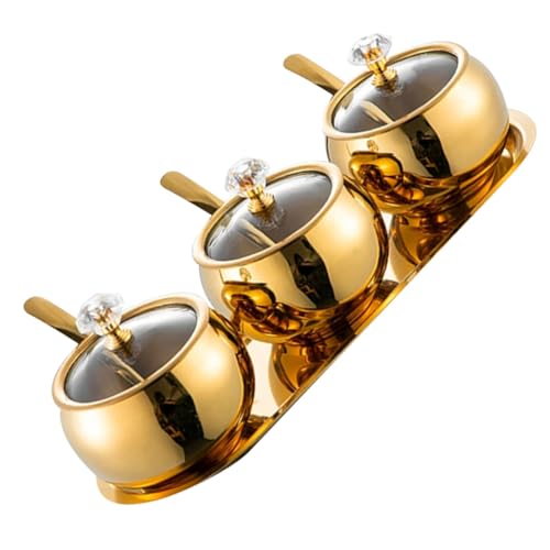 FUNNETOYU Edelstahl Gewürzbehälter Gold mit Deckel Löffel und Tablett Luftdicht Versiegelte Salzaufbewahrung Langlebige Gewürzbox mit Elegantem Finish für Sauberes Kochen von FUNNETOYU