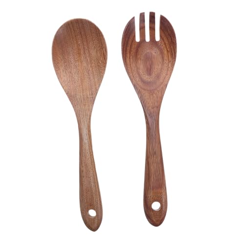 FUNNETOYU Holzsalatbesteck mit Langem Griff Nachhaltige Leichte Salatlöffel und Gabel für Servieren Mischen und Pasta Hitzebeständig und Kratzfrei für Küche und Party von FUNNETOYU