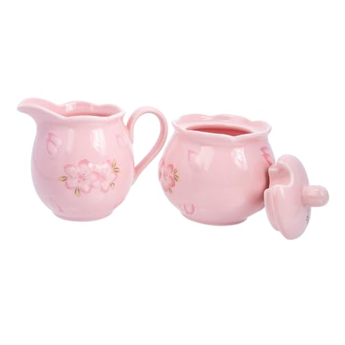 FUNNETOYU Keramik Milch Zuckerset Hitzebeständig Robust Rosa Blumen Relief Haushalts Kaffee und Gewürze Dekorativ und Pflegeleicht für Zuhause und Gastronomie von FUNNETOYU
