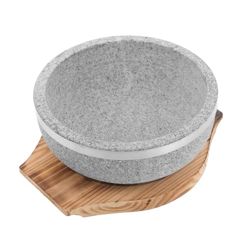 FUNNETOYU Koreanische Stein Schüssel Natürlicher Stein ohne Beschichtung Hitzebeständig mit Holzuntersetzer Geeignet für Bibimbap Suppe Nudelgerichte Vielseitige Servierschale für von FUNNETOYU