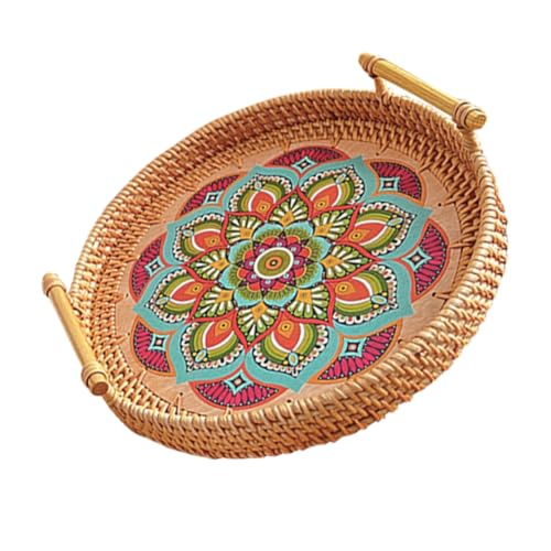 FUNNETOYU Rattan Woven Tray mit Mandala Muster Handgefertigte Servierplatte für Frühstück Snacks und Dekoration Multifunktional Langlebiges und Pflegeleichtes Material für von FUNNETOYU