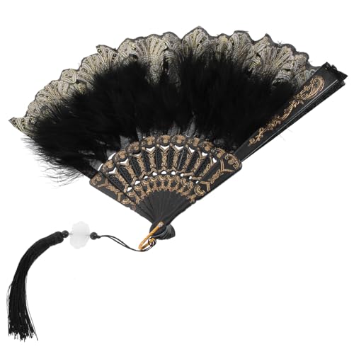 FUNNETOYU Vintage Feder Fächer Handventilator mit Plume für Hochzeit Party Fotorequisite Eleganter Handfächer aus PP Metall und Federn Faltfächer Design für Damen und Festliche Anlässe von FUNNETOYU