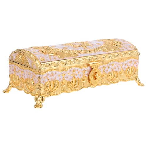 FUNNETOYU Vintage Schmuckbox Goldweiß Metallisch Geprägt Rechteckig Schmuckhalter für Ringe Ohrringe Halsketten Eleganter Retro Aufbewahrungskasten Damen Hochzeit von FUNNETOYU