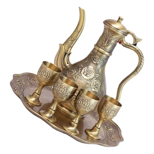 FUNNETOYU Vintage Türkisches Teeservice Set Metall Teiligem Relief Rosenmuster Kaffeekanne Weinkaraffe und Becher Tablett Bronze Antik für Tee Weinpartys Hochzeit Dekoration von FUNNETOYU