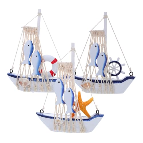 FUNOMOCYA 3 Stück Teiliges Holz Segelboot Modell mit Rettungsring und Seestern Handgeschnitzte Mediterrane Vintage Deko Kompakte Nautische Tischdekoration für Meeresliebhaber von FUNOMOCYA