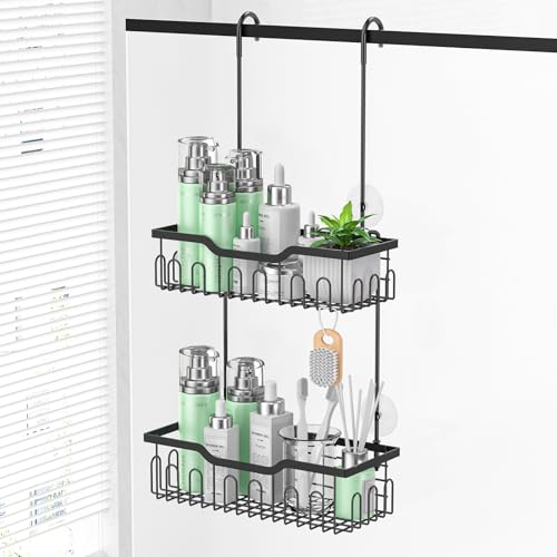 FUNPALA Duschablage Ohne Bohren Duschregal Hängen Organizer Shampoo Duschgel Halterung mit 2 Duschkörben Halterung Shower Shelf Mit 4 Haken Edelstahl Schwarz 32x57cm von FUNPALA