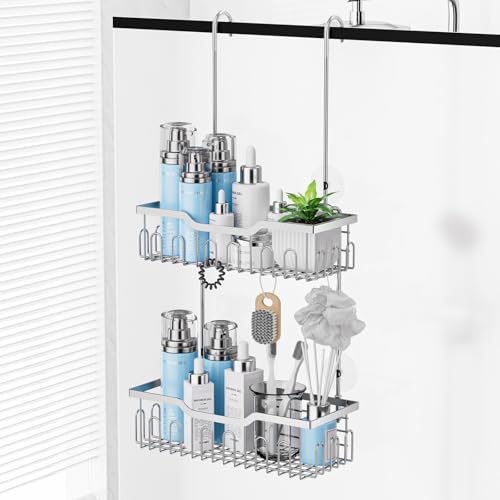 FUNPALA Duschablage Ohne Bohren Duschregal Hängen Organizer Shampoo Duschgel Halterung mit 2 Duschkörben Halterung Shower Shelf Mit 4 Haken Edelstahl Silber 32x57cm von FUNPALA