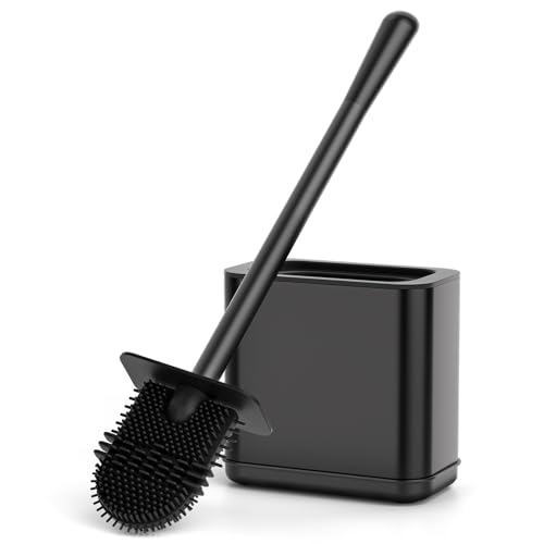 Klobürste Silikon - Edelstahl Toilettenbürste mit Flexibler Kopf - WC Bürste & Klobürstenhalter mit Spritzschutz - Silikon Klobürste Schwarz für das Badezimmer von FUNPALA
