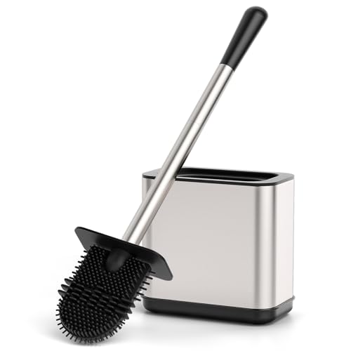 Klobürste Silikon - Edelstahl Toilettenbürste mit Flexibler Kopf - WC Bürste & Klobürstenhalter mit Spritzschutz - Silikon Klobürste Silber für das Badezimmer von FUNPALA