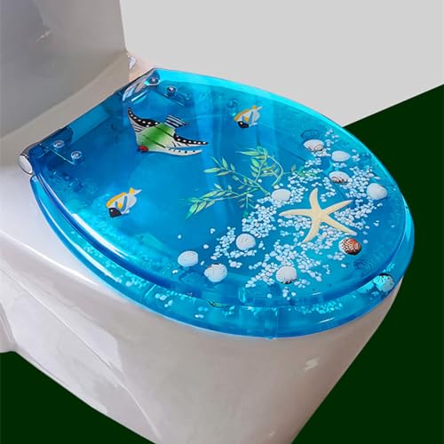 FUNRIN Toilettendeckel, WC-Tankabdeckungen, Transparenter Harz-WC-Sitz Echte Muscheln und Sande Anti-Bakteriell Einstellbare Edelstahl-Scharnier-WC-Deckel-Abdeckung Langsam Soft Close Top Mount,15 von FUNRIN