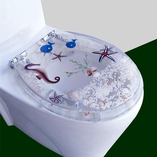 FUNRIN Toilettendeckel, WC-Tankabdeckungen, Transparenter Harz-WC-Sitz Echte Muscheln und Sande Anti-Bakteriell Einstellbare Edelstahl-Scharnier-WC-Deckel-Abdeckung Langsam Soft Close Top Mount,4 von FUNRIN