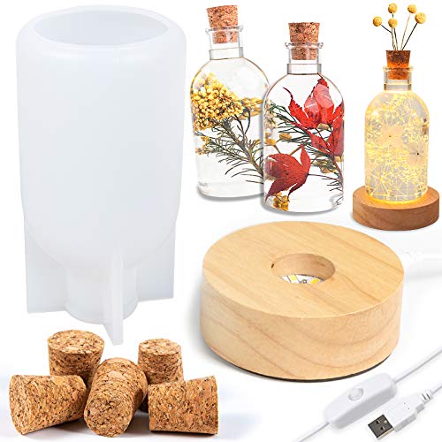 Deko Flasche Silikonform, leuchtende Flasche Epoxidharz Formen mit Zubehör für Wandbehang, Heimdeko, Aufbewahrung, LED Lampe mit Holzsockel, Korken, warmweiß, Fertighöhe:11.9cm, 7 teilig Deko Flasche Silikonform, leuchtende Flasche Epoxidharz Formen mit Zubehör für Wandbehang, Heimdeko, Aufbewahrung, LED Lampe mit Holzsockel, Korken, warmweiß, Fertighöhe:11.9cm, 7 teilig von FUNSHOWCASE