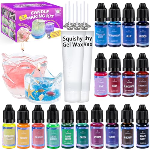 FUNSHOWCASE Kerzenherstellungsset Squishy Gelwachs und hochkonzentrierter flüssiger Farbstoff 19 Farben 10 Dochte von FUNSHOWCASE