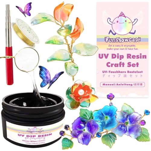 FUNSHOWCASE UV-Tauchharz Bastelset mit 40ml klar UV-Harz 7m Kupferdrahtrolle 5-9 mm Wickelstab für Drahtblumen Drahtkunst Schmuckherstelllung von FUNSHOWCASE