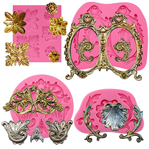 Retro Flora Silikonform Schnörkel Epoxidharz Formen Barockstil Bilderrahmen 4er Set von FUNSHOWCASE
