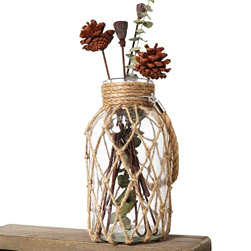 Funsoba Rustikales Einmachglas zum Aufhängen, Kreatives Seil, Netz, trockene Blumen, Glasvase mit Griff, 2 Stück 1 Vase 8" von FUNSOBA