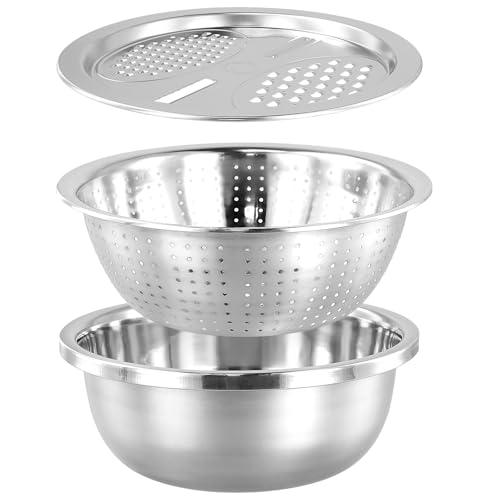 FUNSUEI 3er Set Nudelsieb Edelstahl, Schüssel mit Reibe und Sieb, Küchensieb Salatsieb, Seiher Abtropfsieb Edelstahl, Reis Waschschüssel für Gemüse Früchten Nudeln Reis von FUNSUEI