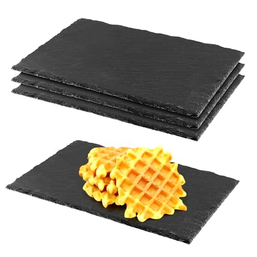 FUNSUEI 4 Stück Schieferplatte Rechteckig, 30 x 20cm Schieferplatte Servierplatte, Schieferplatten Schwarz für Sushi, Käse, Buffet, Vorspeisen, Desserts von FUNSUEI