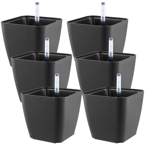 FUNSUEI 6 Stück Selbstbewässerungstopf mit Wasserstandsanzeige, 14 x 13.2cm Selbstwässernder Blumentopf Quadratisch, Schwarz Töpfe Selbstbewässernd Wasserspeicher Bewässerungssystem von FUNSUEI