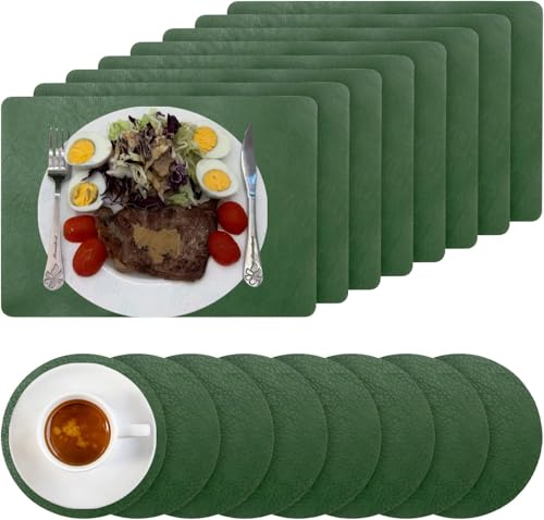 FUNSUEI 8er Set 43x30cm Platzsets und 10x10cm Getränkeuntersetzer, Abwaschbar Grün/Grau Tischset, für Küche und Esszimmer von FUNSUEI