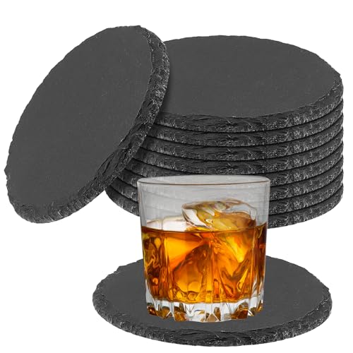 FUNSUEI Schiefer Untersetzer 10er Set, 10 cm Rund Getränkeuntersetzer, Quadratisch Schieferplatte, für Getränke, Tassen, Bar, Glas von FUNSUEI