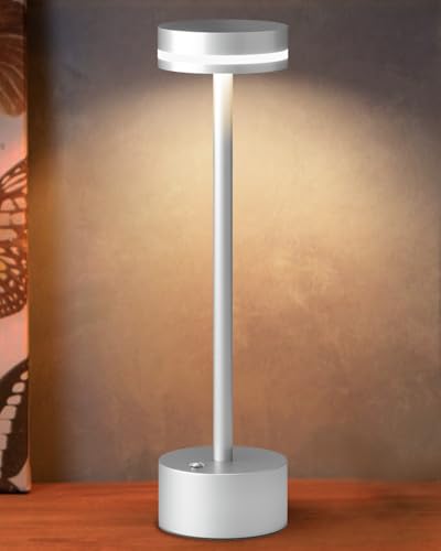 LED Wiederaufladbare Kabellose Akku Tischlampe mit Touch-Schalter, Vollaluminium-Lampenkörper, 3-Stufige Dimmung, 4000mAh Akku, 3000K Warmes Licht, für Esstisch, Wohnzimmer (Silber) von FUNTAPHANTA