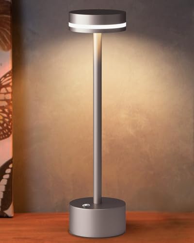 LED Wiederaufladbare Kabellose Akku Tischlampe mit Touch-Schalter, Vollaluminium-Lampenkörper, 3-Stufige Dimmung, 4000mAh Akku, 3000K Warmes Licht, für Esstisch, Wohnzimmer (Braun) von FUNTAPHANTA
