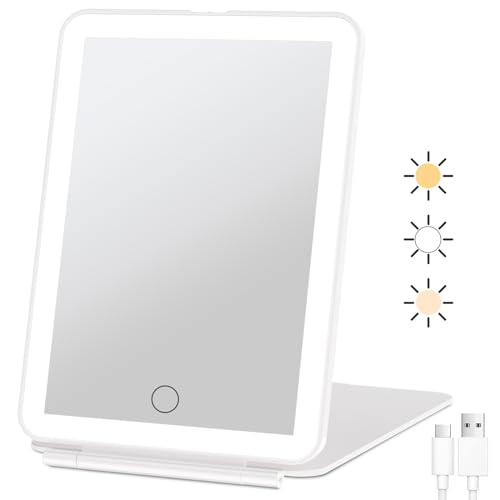 FUNTOUCH Wiederaufladbarer Kosmetikspiegel mit Beleuchtung, Reisespiegel mit 72 LED-Leuchten,Tragbarer Schminkspiegel,3-Farben-Beleuchtung, Dimmbarer Touchscreen, Faltbarer Reise Makeup Spiegel von FUNTOUCH