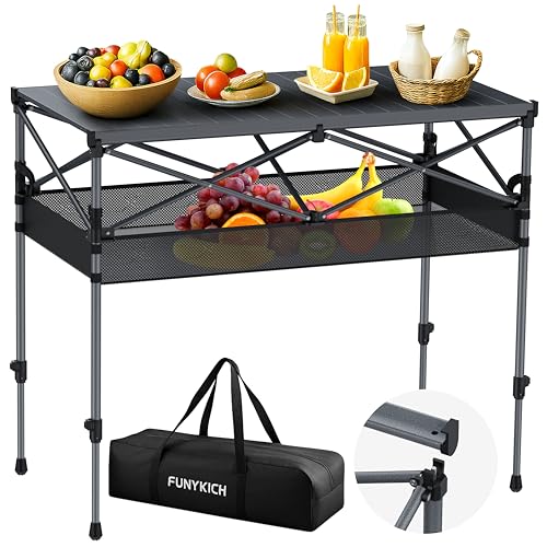 FUNYKICH Campingtisch Klappbar 100 x 50cm, Klapptisch mit 2 Höhenverstellbar(70/87cm), Einfache Montage, Tragbar Falttisch mit Netztasche Aluminium Aufrollbare Tischplatte für BBQ Camping Party Garten von FUNYKICH