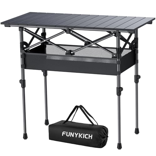 FUNYKICH Campingtisch Klappbar 82 x 40cm, Klapptisch mit 2 Höhenverstellbar(44/70cm), Einfache Montage, Tragbar Falttisch mit Netztasche Aluminium Aufrollbare Tischplatte für BBQ Camping Party Garten von FUNYKICH